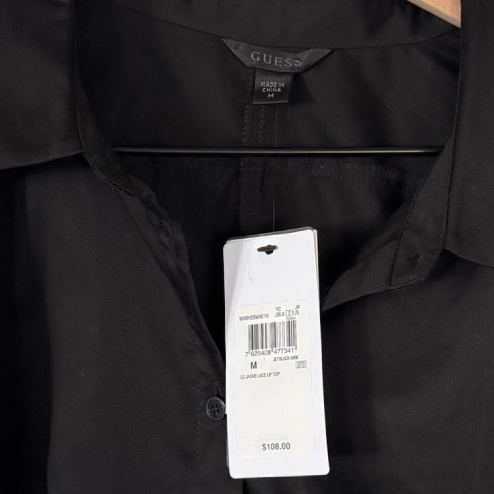 GUESS Black Lace Up Waist Button Down Blouse Size M Cotton Peplum Top NWT - Picture 5 of 8